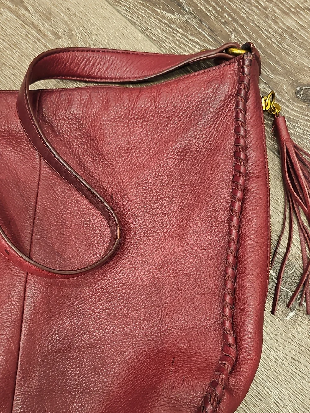 C- HOBO Burgundy Leather Shoulder Bag Whipstitching & Tassel (Medium/Large Size)